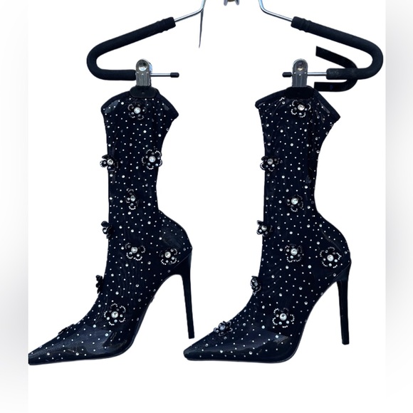 Azalea Wang Smarlowe Floral Appliqued Sheer Mesh Mid Calf Booties | Size 8 - Picture 4 of 14